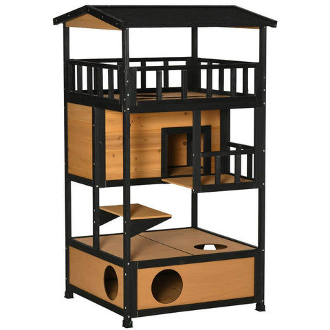 Wooden Outdoor Cat House 3-Tier Kitten Shelter w/ Tilted Roof Yellow - Premium  from PawHut - Just £127.95! Shop now at Senior Living Aids